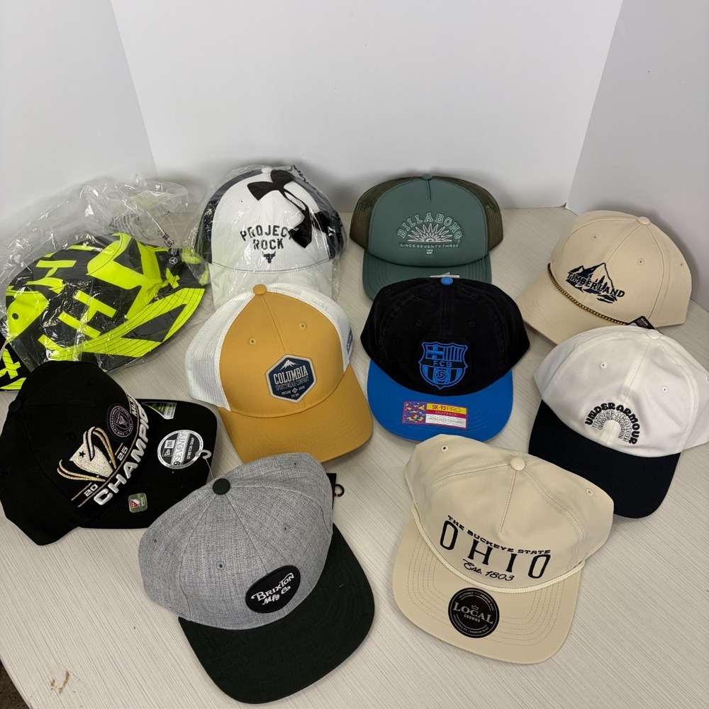 Lot Of 10 NEW Hats Caps Buckets Hats Under Armour Columbia Brixton Billabong